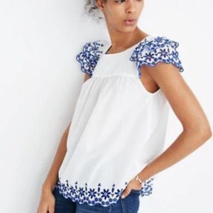 Madewell Embroidered Story White & Blue Eyelet Ruffle Sleeve Top Blouse Sz 4